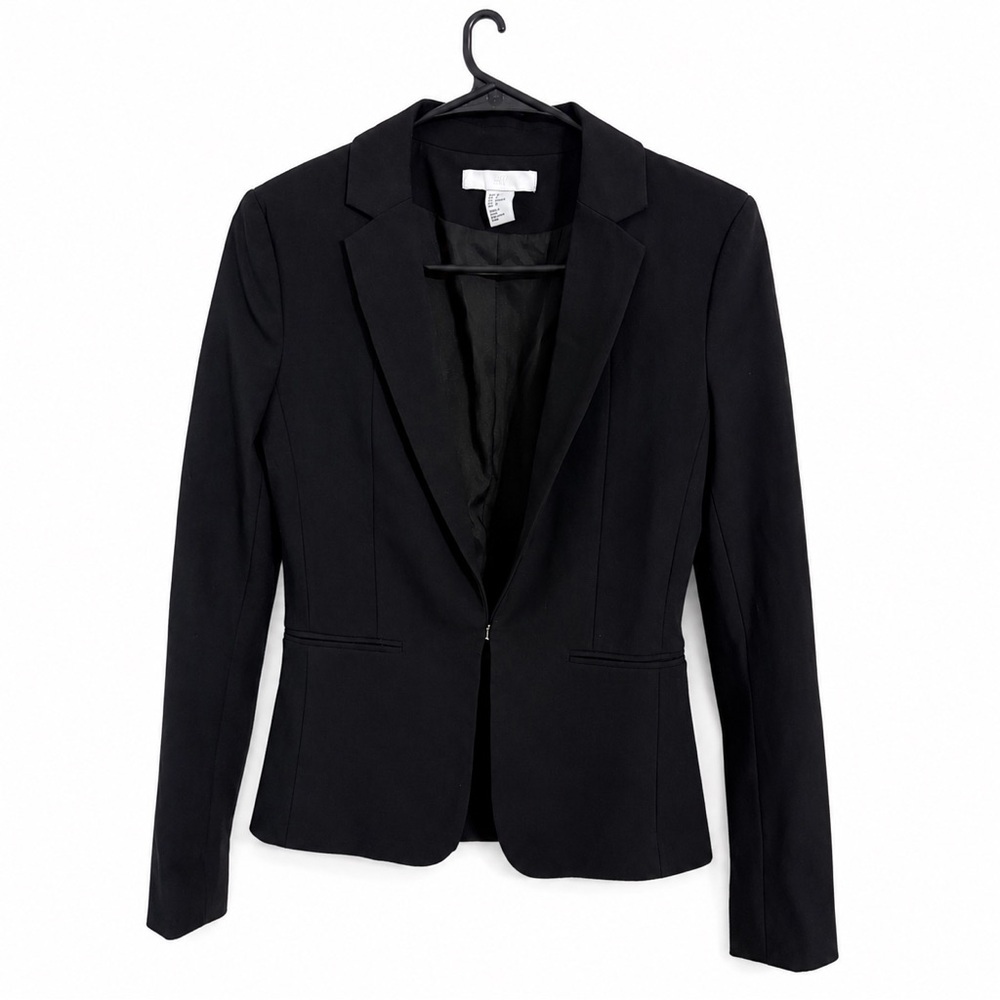 H&M Black Tailored Blazer Jacket Suit Size 2 Hook Closure Career Office Workwear